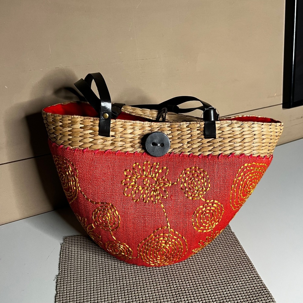 Natural Straw Red Woven Tote Bag Gold Floral Embroidery Boho Summer Shoulder Bag